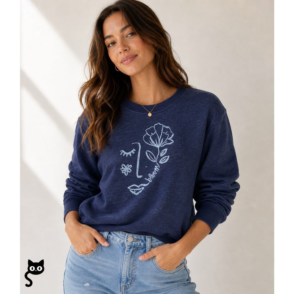 Maeve Navy Blue Visage Graphic Long Sleeve Sweatshirt S - Picture 3 of 15